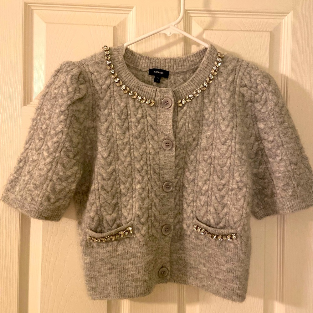 Express Embellished Short Puff Sleeve Gray Sweater